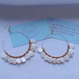 Hand Crafted White and Gold Hoop Earrings